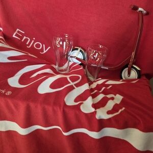 Coca-Cola Red Blanket Including 3 Coke Glasses and a Red Flyer Scooter